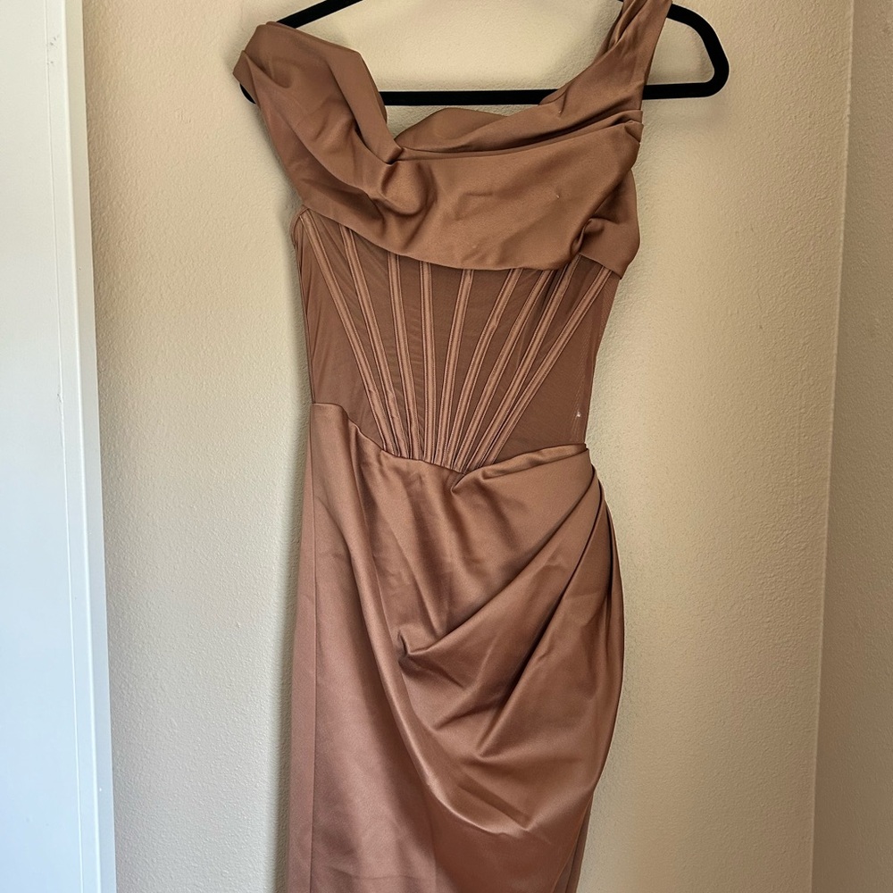 House of CB “LuLu” toffee midi corset satin dress XS
